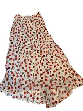 White Cherry Print High-Low Maxi Skirt